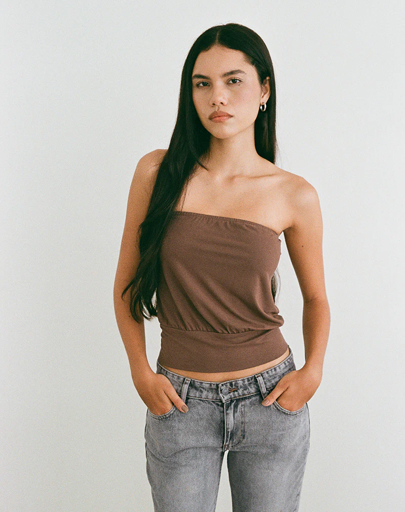 Leocadia Bandeau Top in Cupro Bitter Chocolate - Image 4