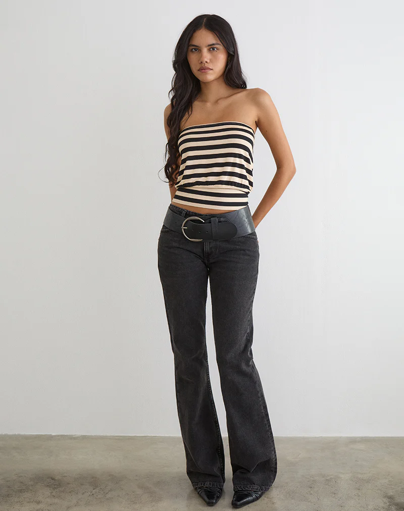 Leocadia Bandeau Top in Cupro Stripe Black and Ivory - Image 2