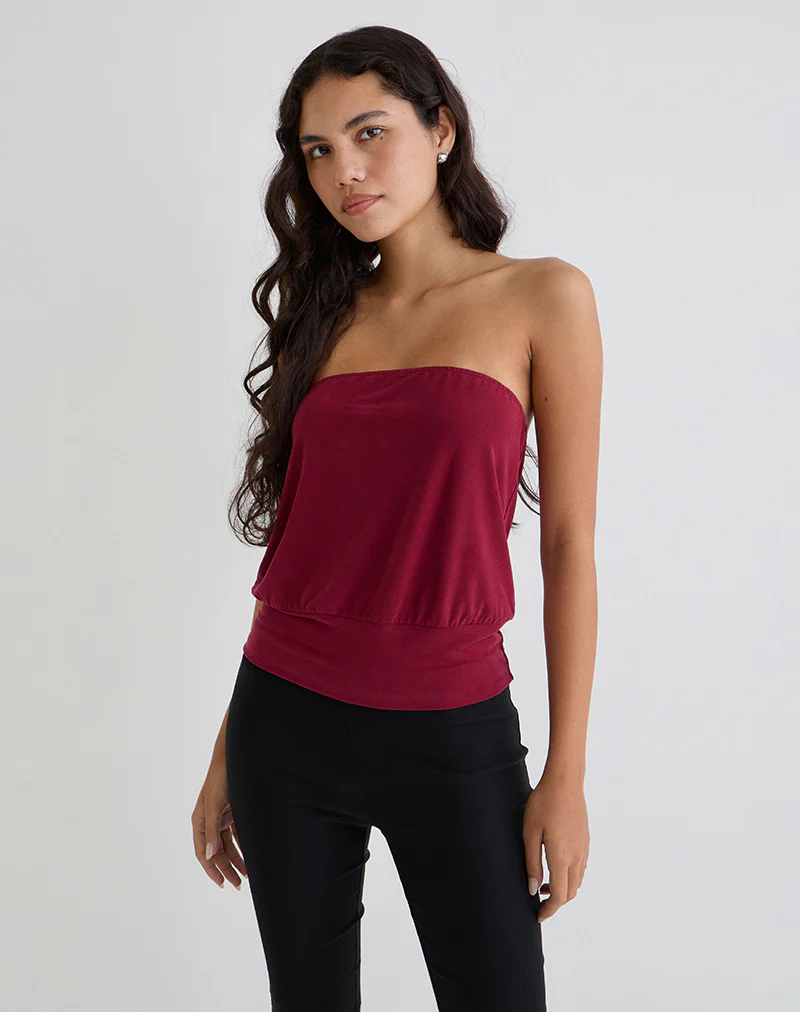 Leocadia Bandeau Top in Cupro Dark Red - Image 2