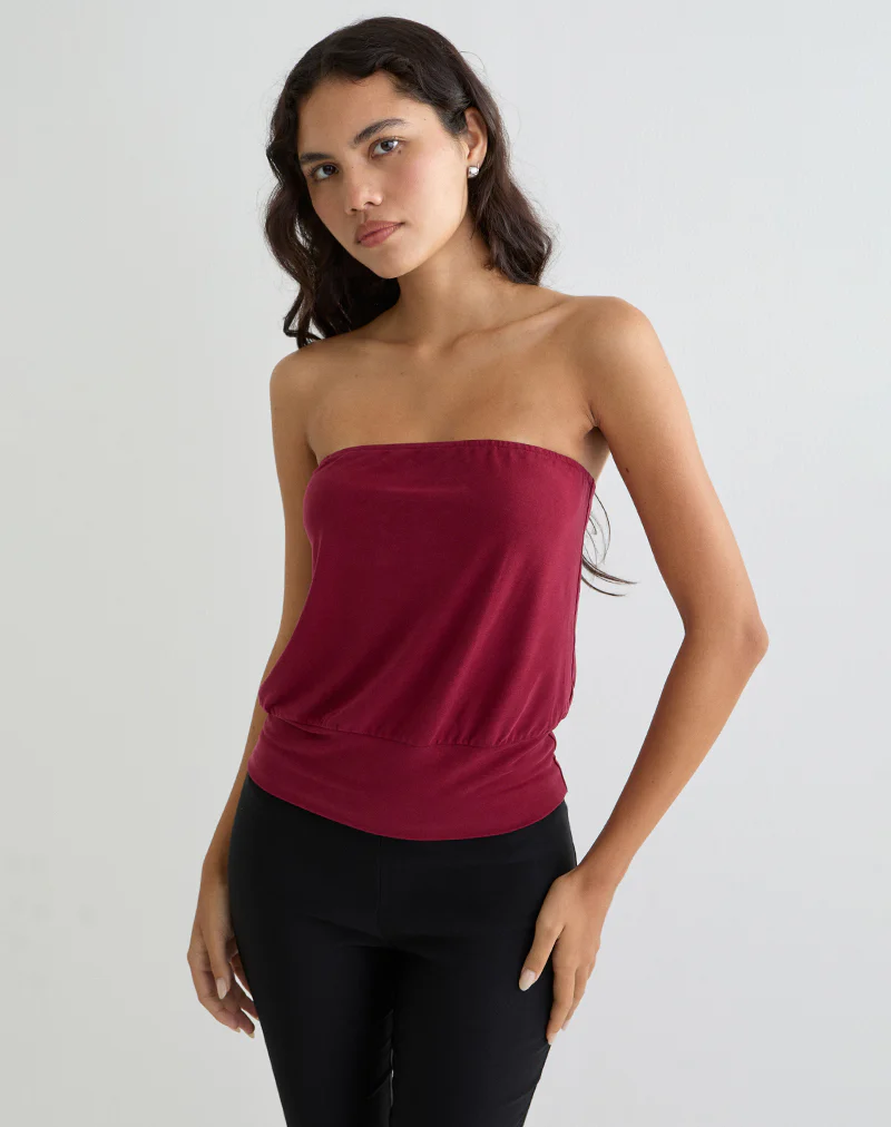 Leocadia Bandeau Top in Cupro Dark Red - Image 5