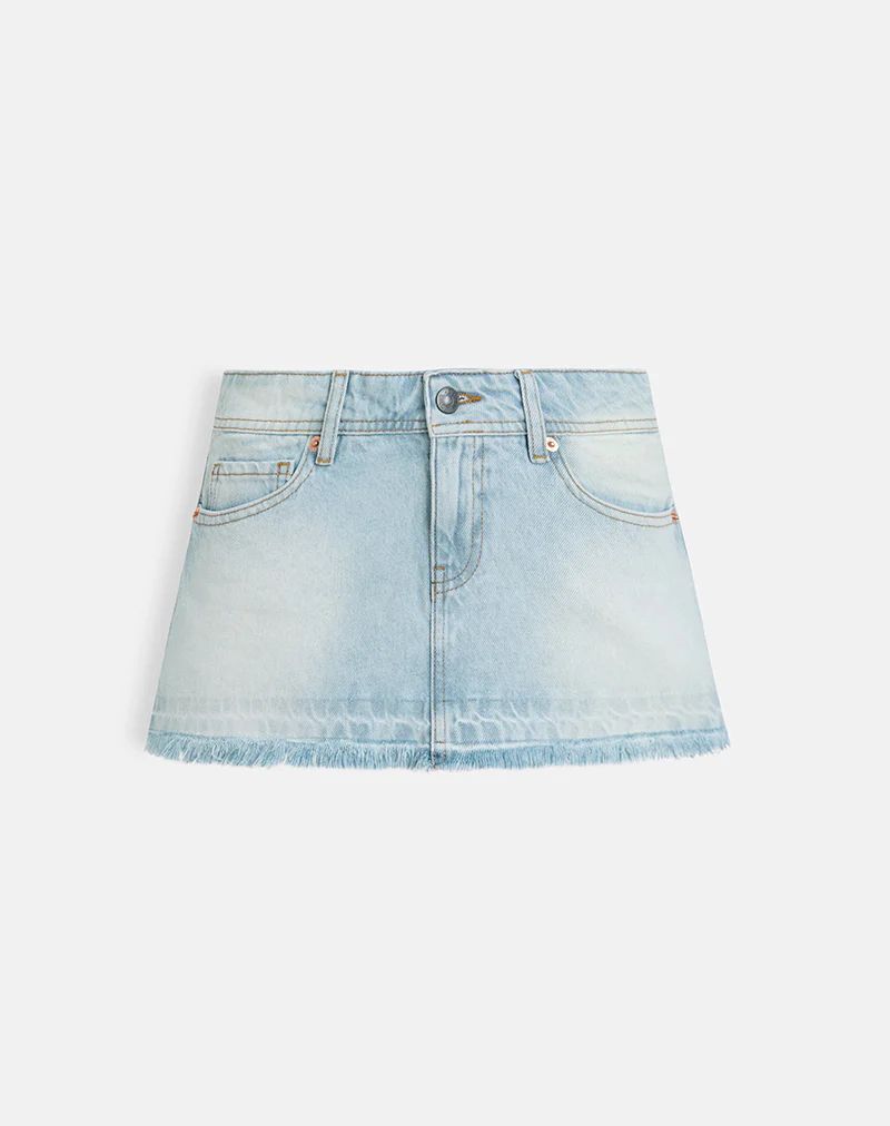 Raw Hem Low Rise Denim Mini Skirt in Icy Blue