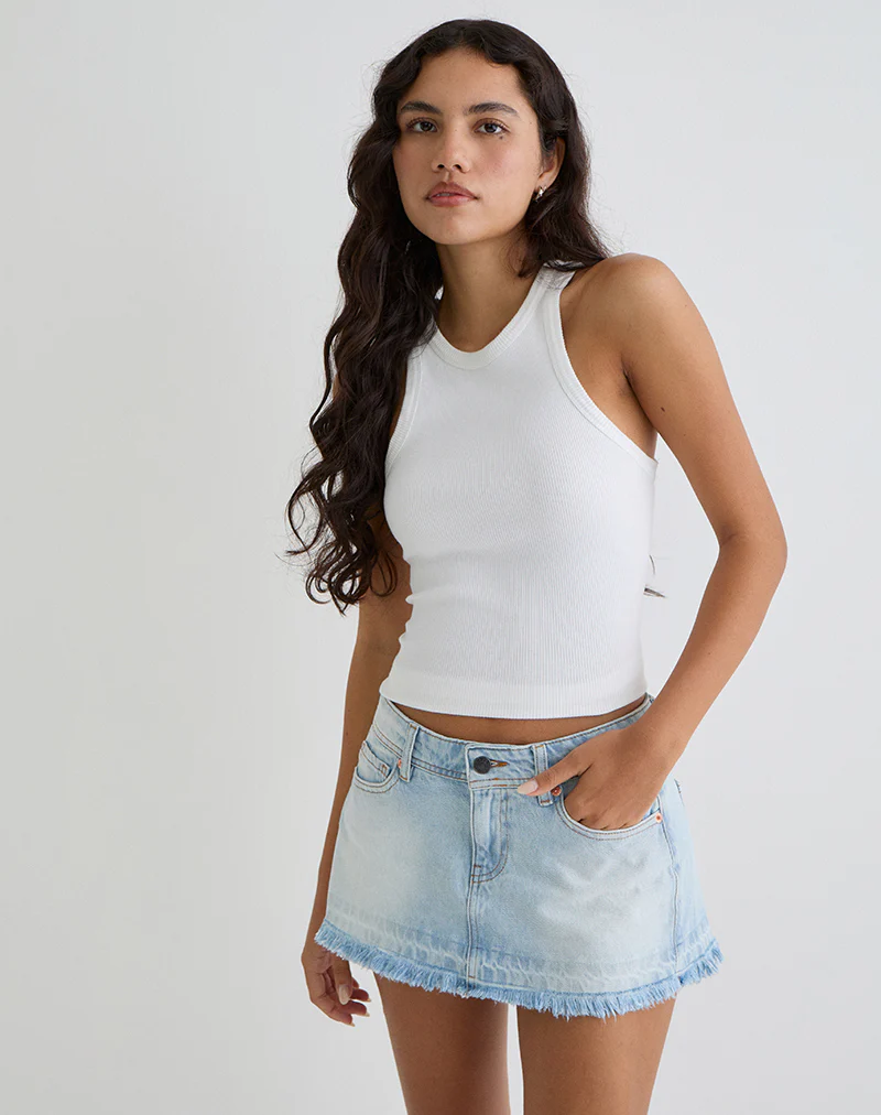 Raw Hem Low Rise Denim Mini Skirt in Icy Blue - Image 2