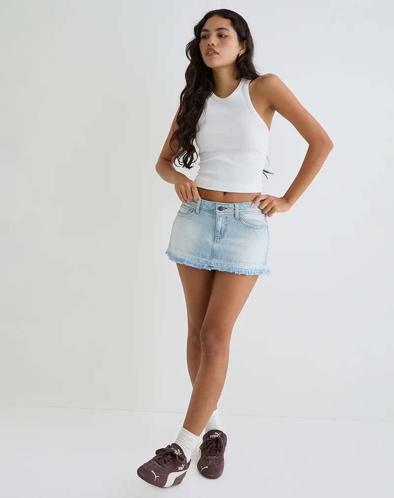 Raw Hem Low Rise Denim Mini Skirt in Icy Blue - Image 3