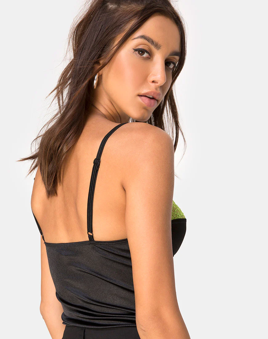 Letta Bodice in Satin Black with Lime Lace Trim - Image 2