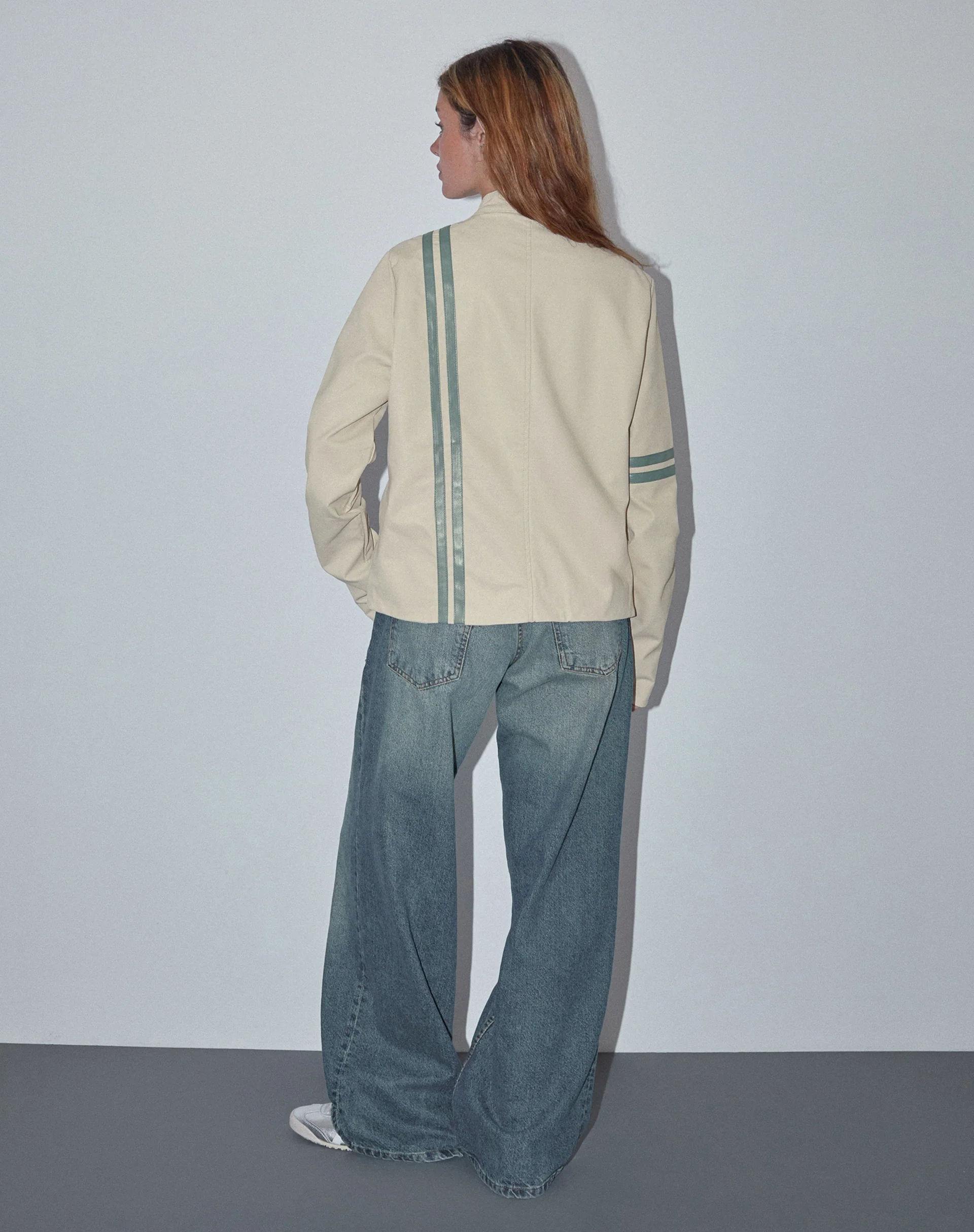 Lewis Jacket in Cream PU with Blue Stripe - Image 2