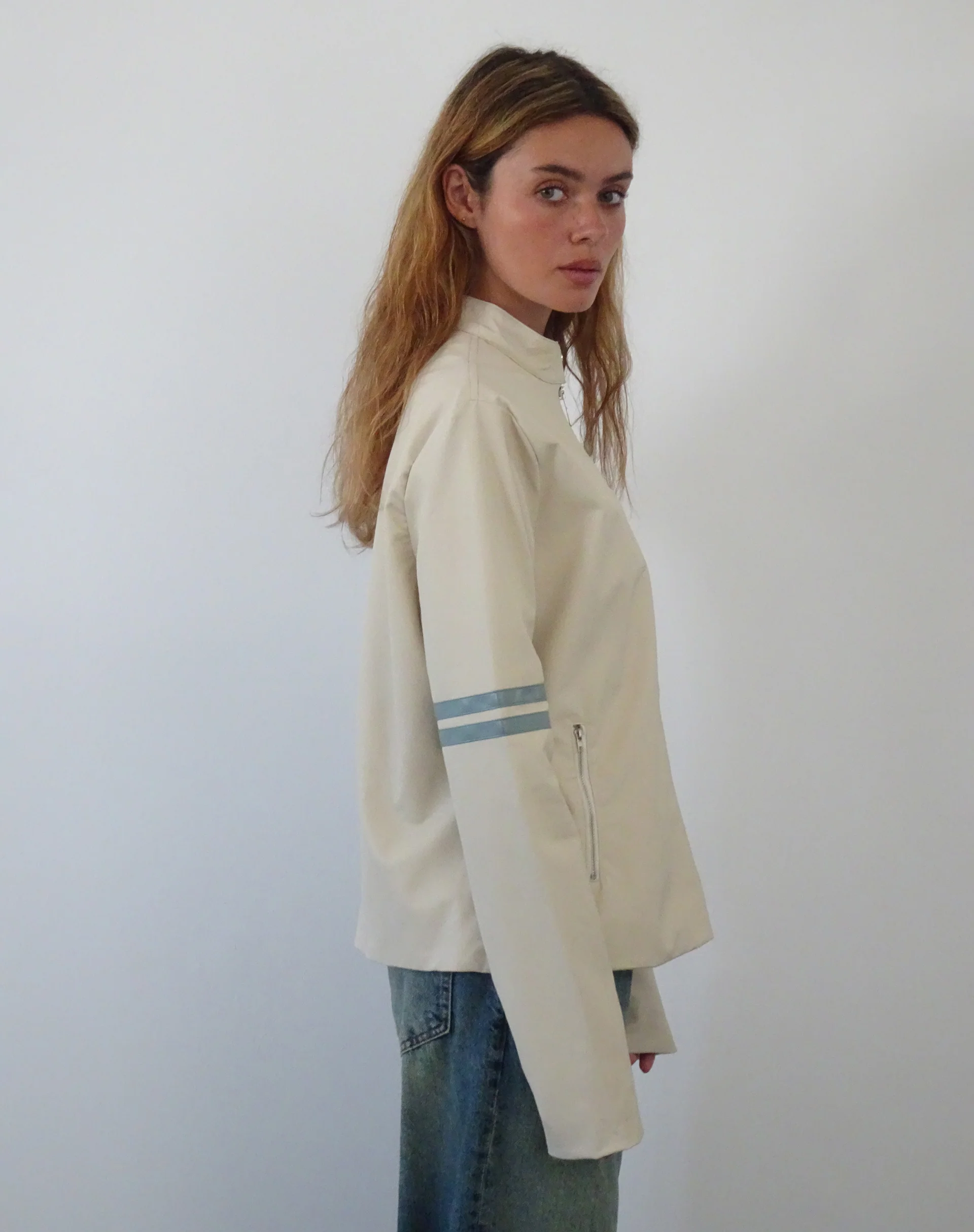 Lewis Jacket in Cream PU with Blue Stripe - Image 5