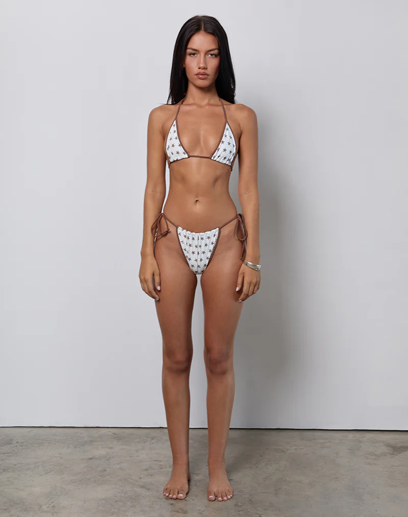 Leyna Bikini Bottom in White and Brown Star Print with Contrast Binding - Image 3