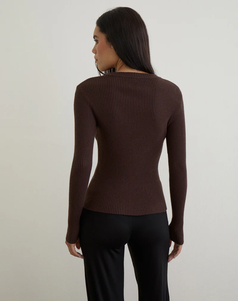 Liano Zip Cardigan in Rib Knit Brown - Image 5