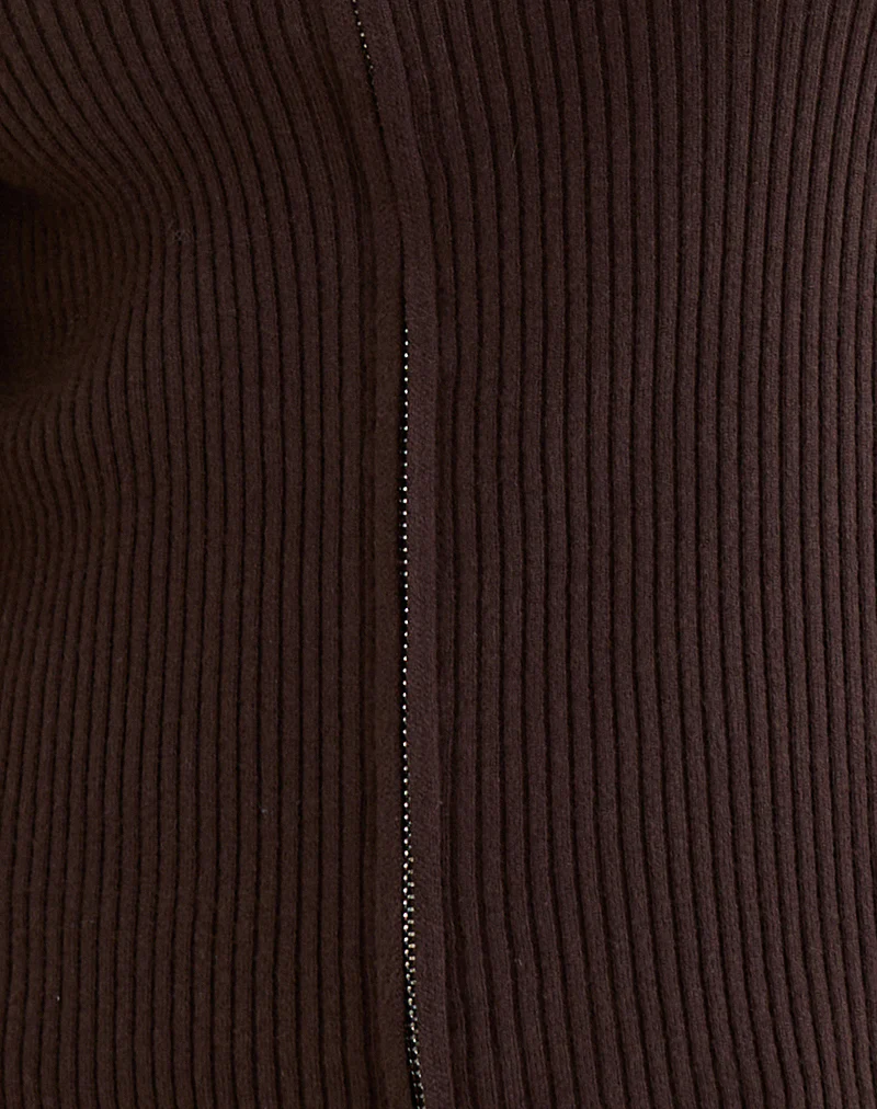Liano Zip Cardigan in Rib Knit Brown - Image 6