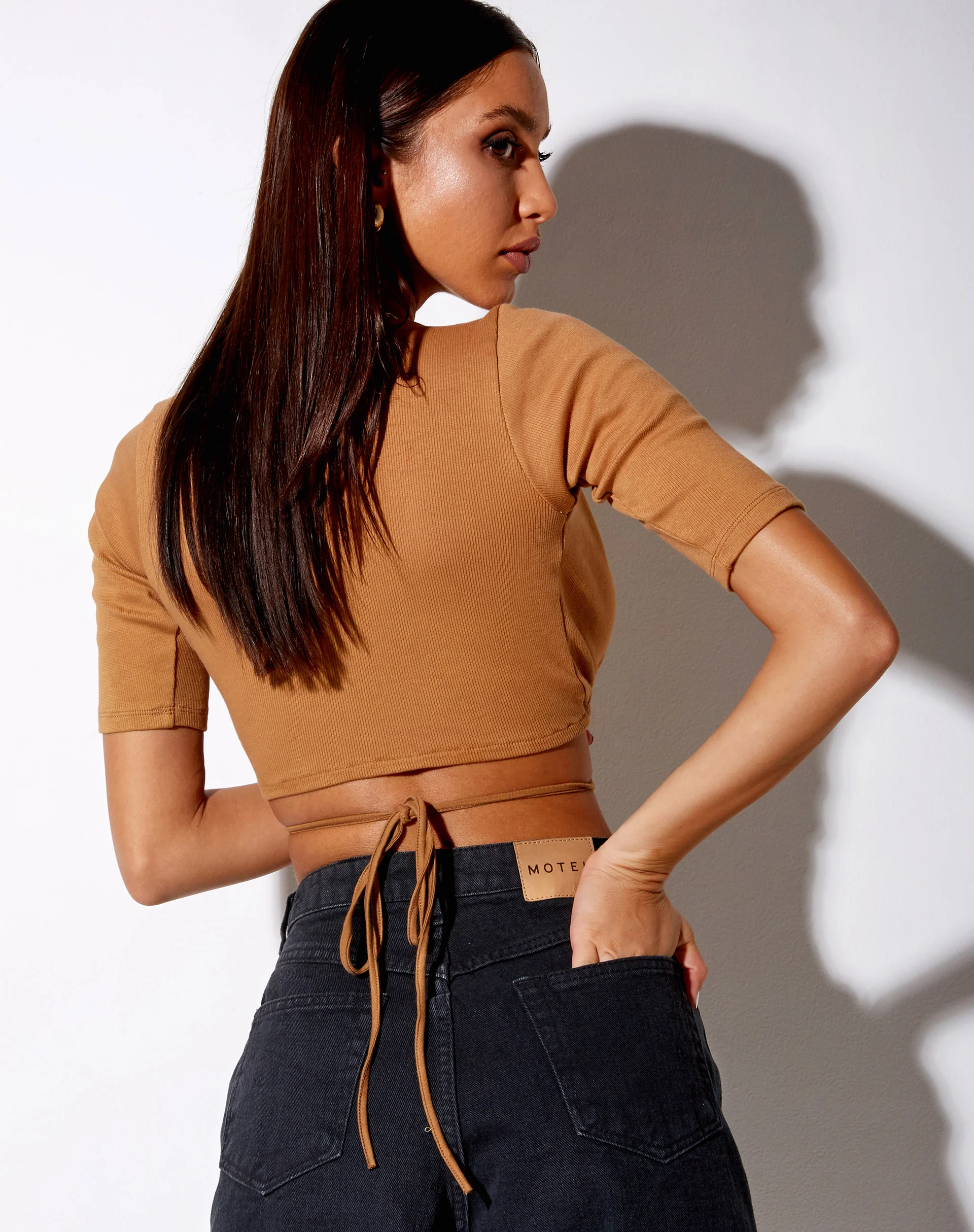 Liena Crop Top in Rib Dark Tan - Image 2