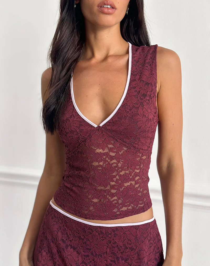 Lihat Top in Lace Burgundy with Pink Binding - Image 3