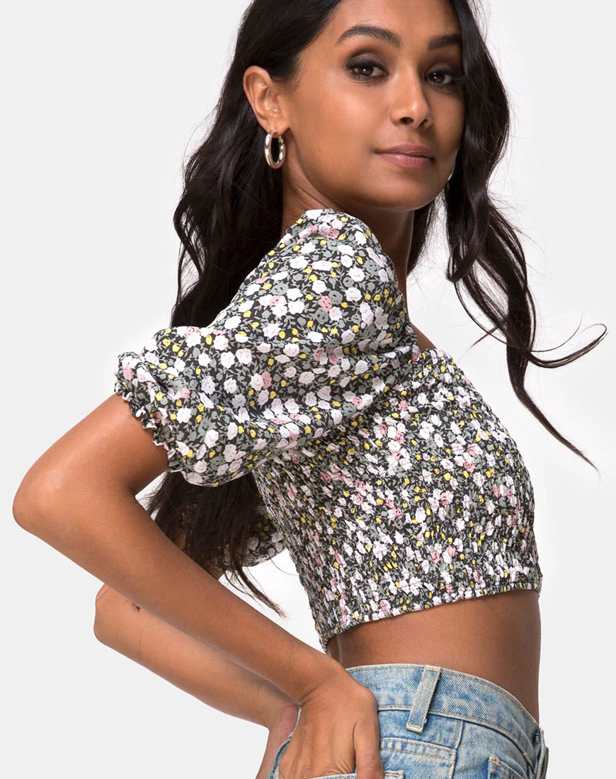 Lilian Crop Top in Floral Field Olive - Image 3