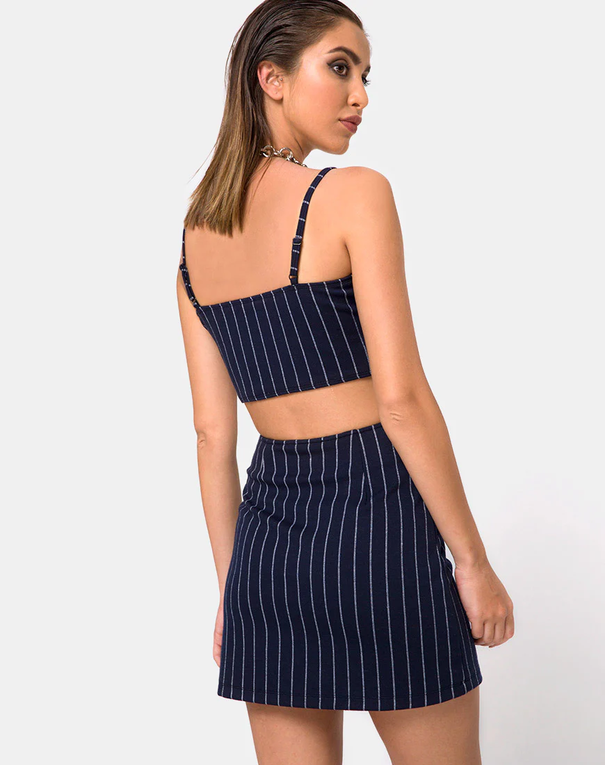 Lilu A Line Skirt in Navy Pinstripe - Image 2