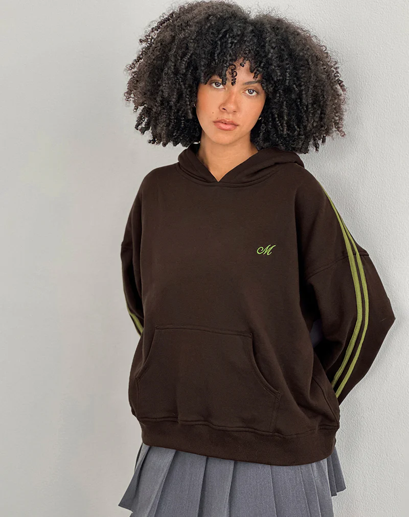 Lingwu Hoodie in Bitter Chocolate with Green Binding and M Embroidery - Image 3