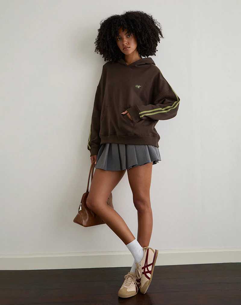 Lingwu Hoodie in Bitter Chocolate with Green Binding and M Embroidery - Image 4