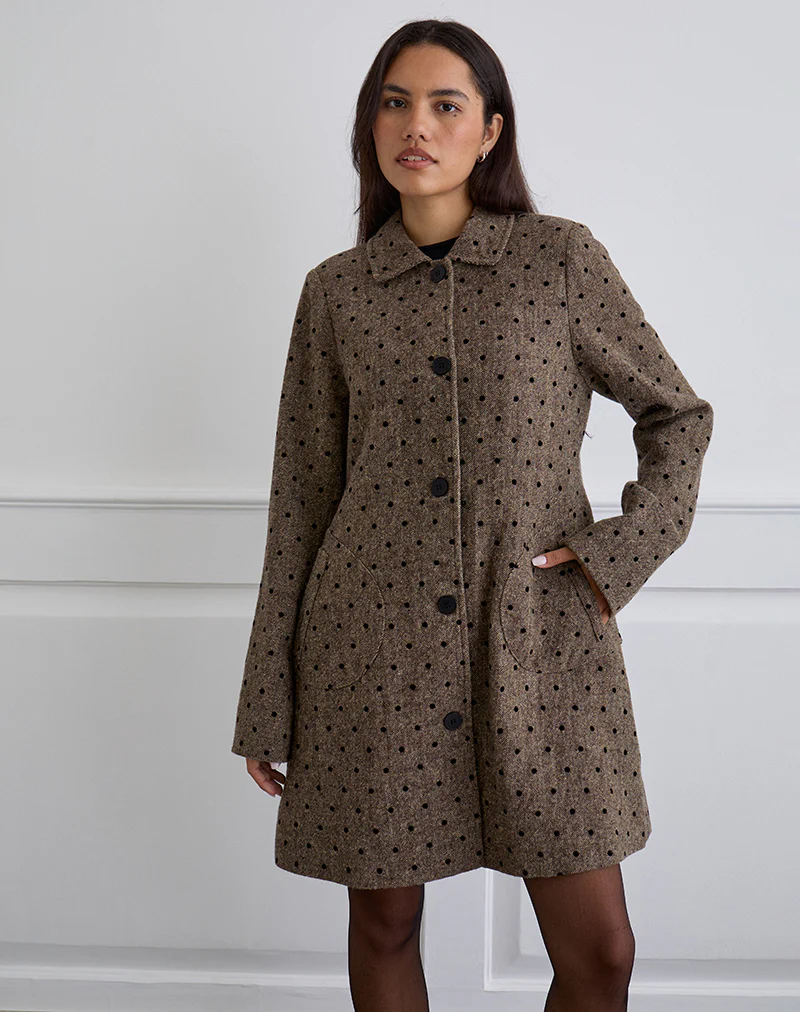 Lirena Longline Coat in Polka Brown - Image 5