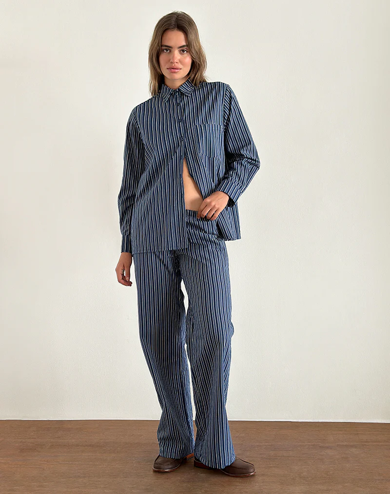 Lirura Wide Leg Trousers in Indigo Stripe Dark Blue - Image 2