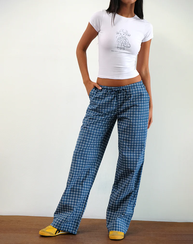 Lirura Low Rise Trouser in Navy Tartan Poplin - Image 4