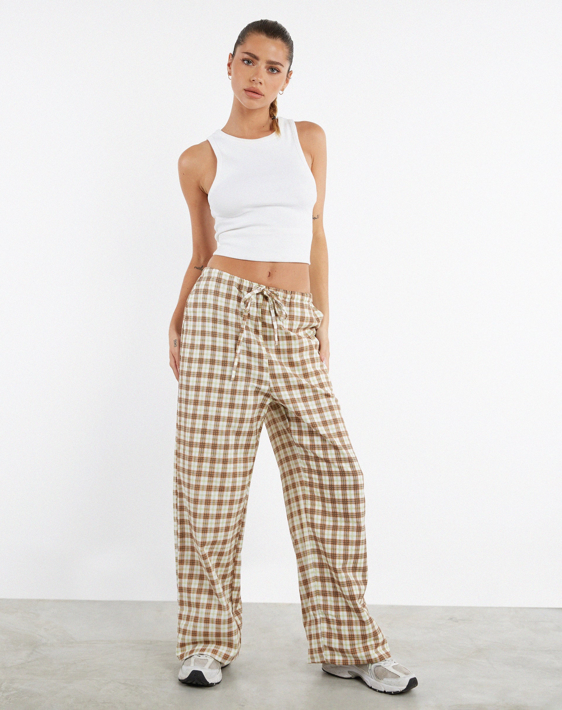 Lirura Wide Leg Trouser in Yellow and Brown Check - Image 3