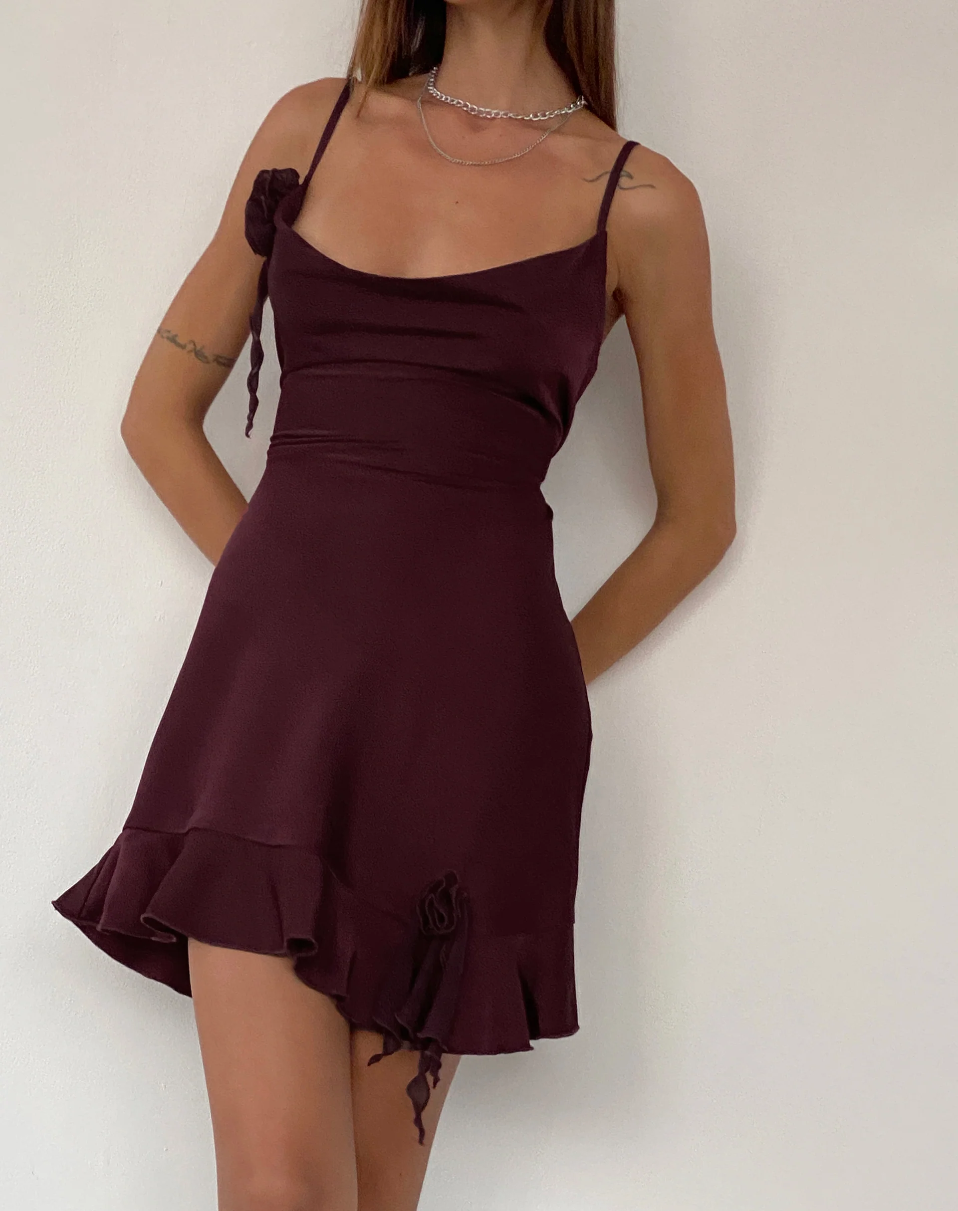 Litera Ruffle Mini Dress in Deep Plum with Rosette - Image 3