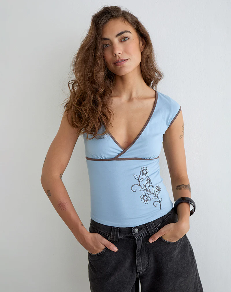 Liuvia Top in Nantucket Blue with Coffee Quartz Binding and Flower Embroidery - Image 4