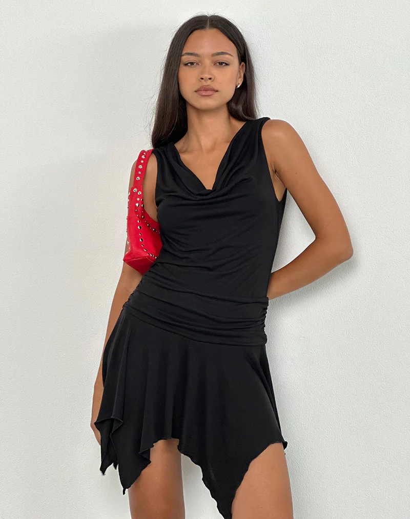 Lizella Hem Mini Dress in Cupro Black - Image 3