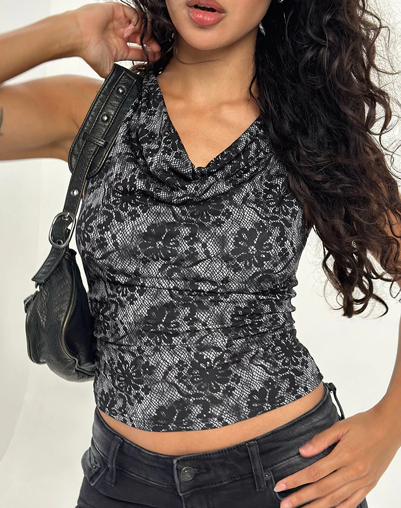 Lizette Cowl Neck Top in Midnight Floral Grey - Image 2