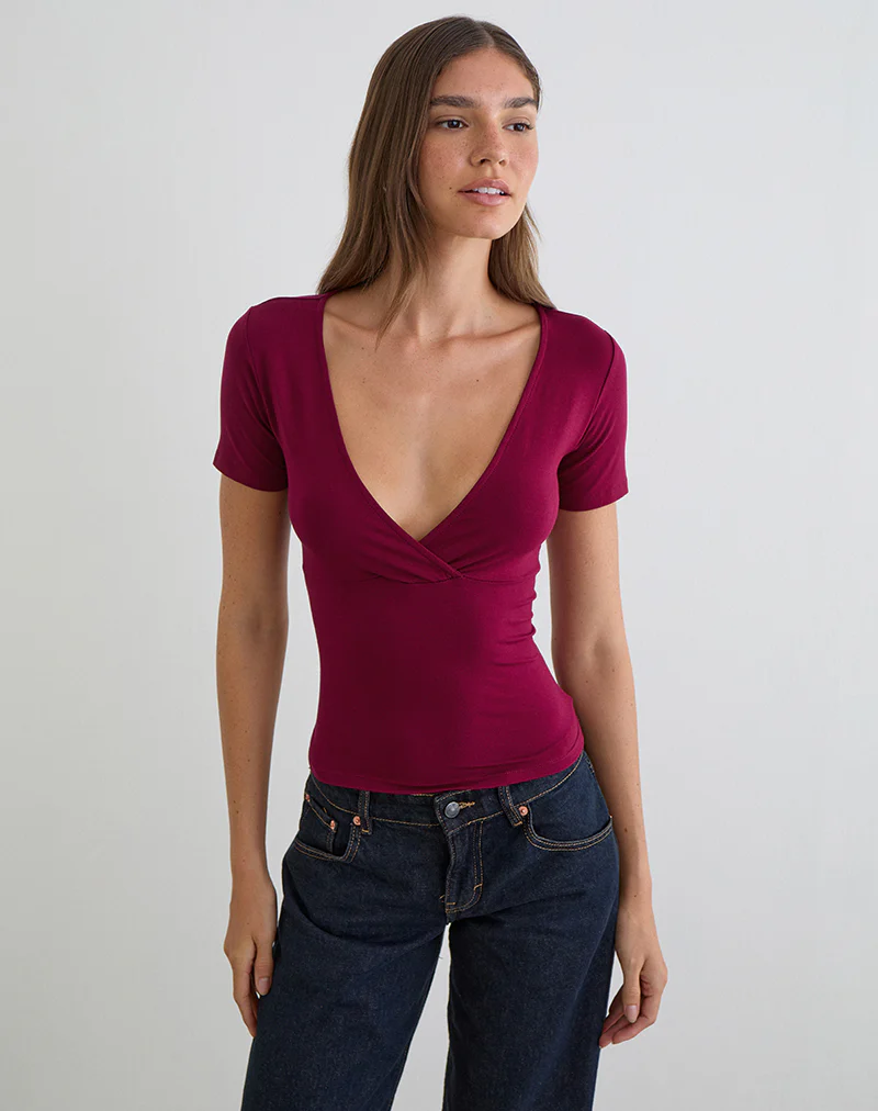 Lobos Crossover Top in Rayon Jersey Burgundy - Image 3