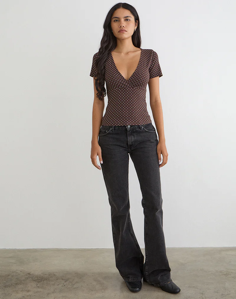 Lobos Crossover Top in Jersey Micro Polka Brown - Image 3