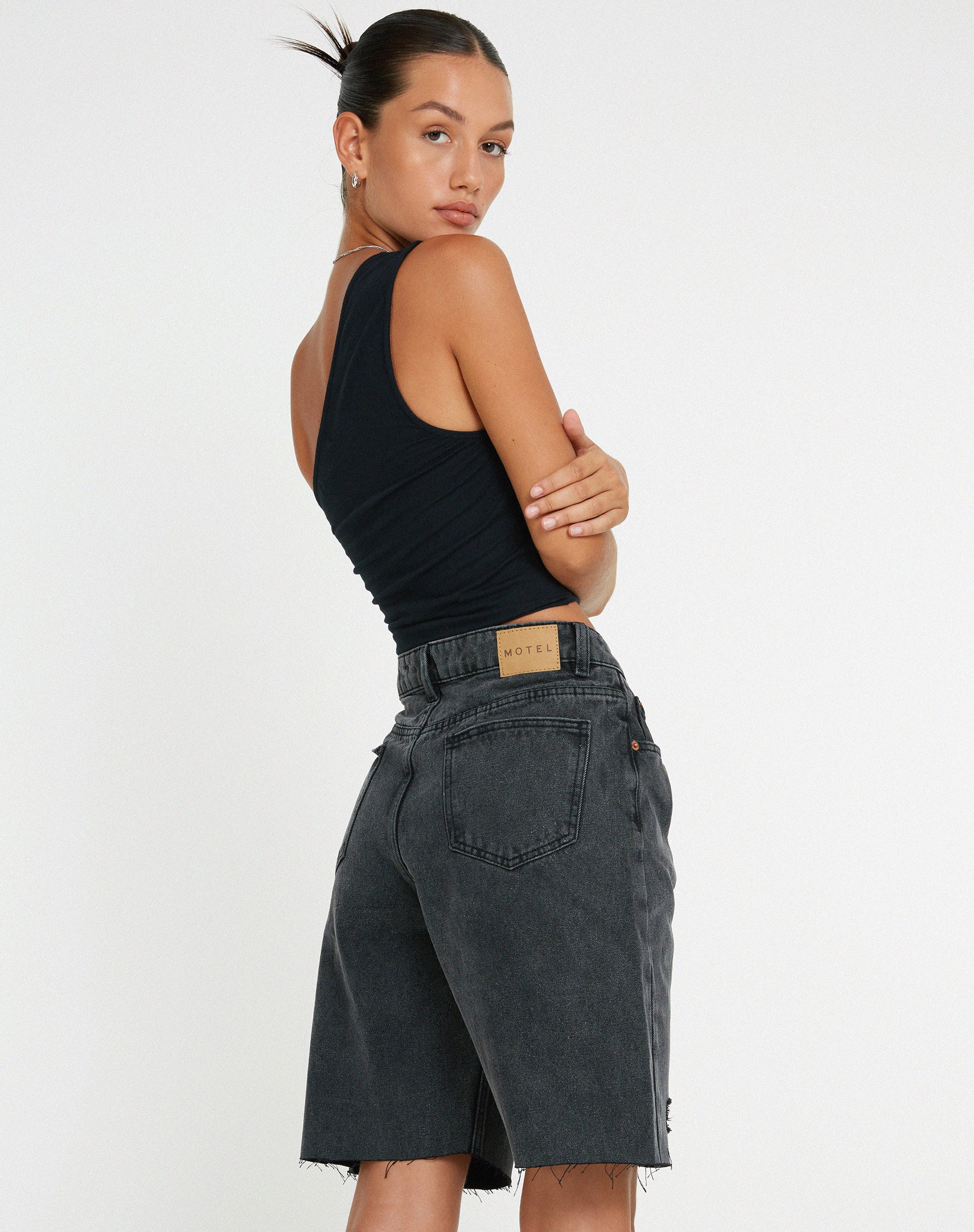 Longline Dad Denim Shorts in Black Wash - Image 2