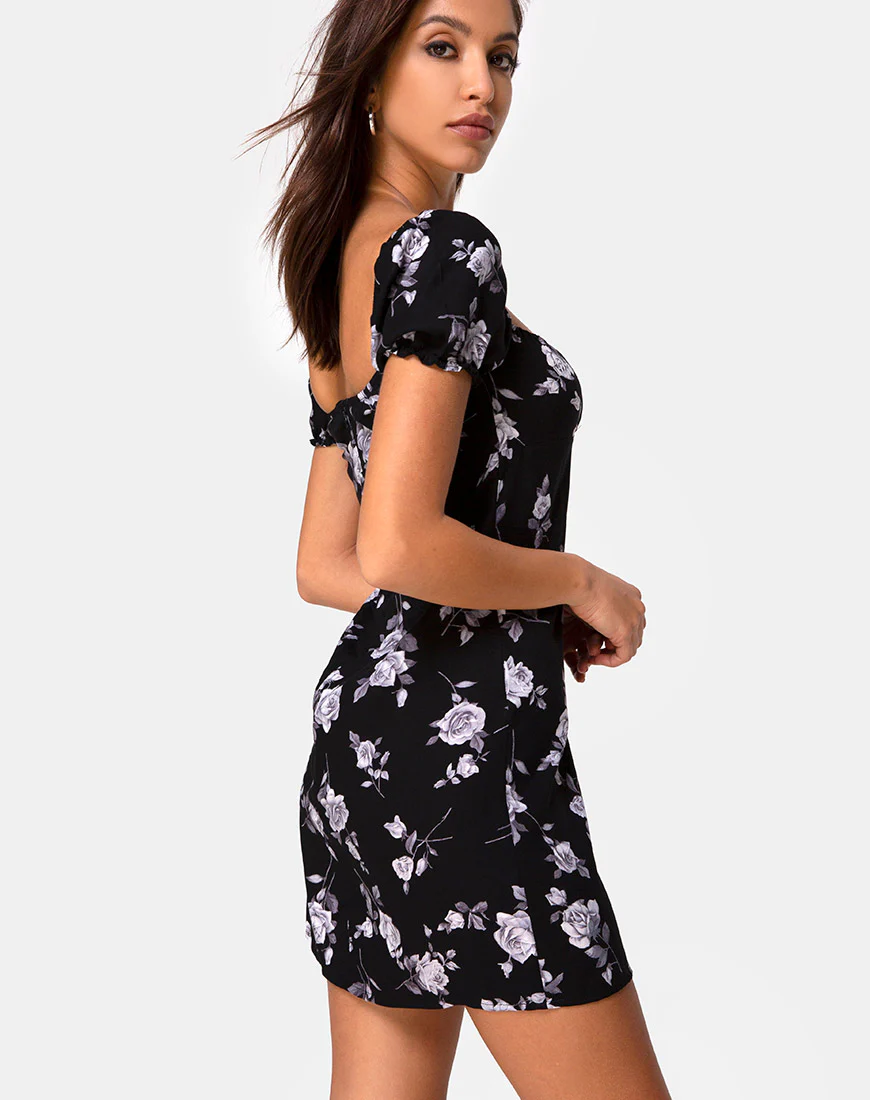 Lonma Mini Dress in White Rose Black - Image 2