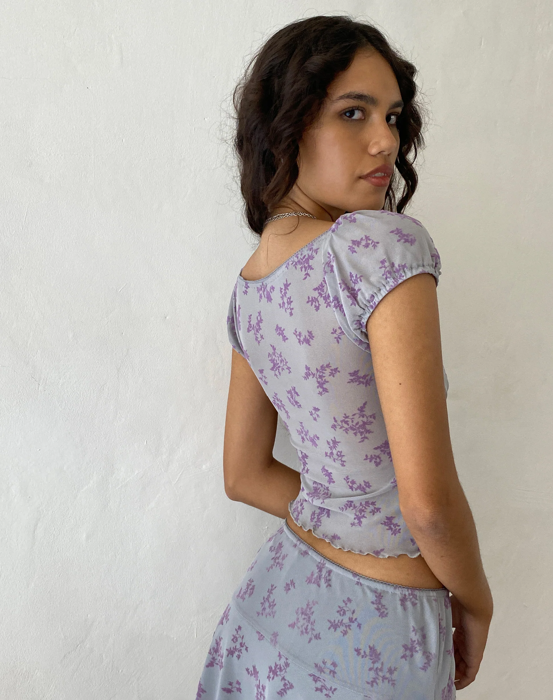 Lorenne Sweetheart Mesh Top in Purple Botanist Flock - Image 3