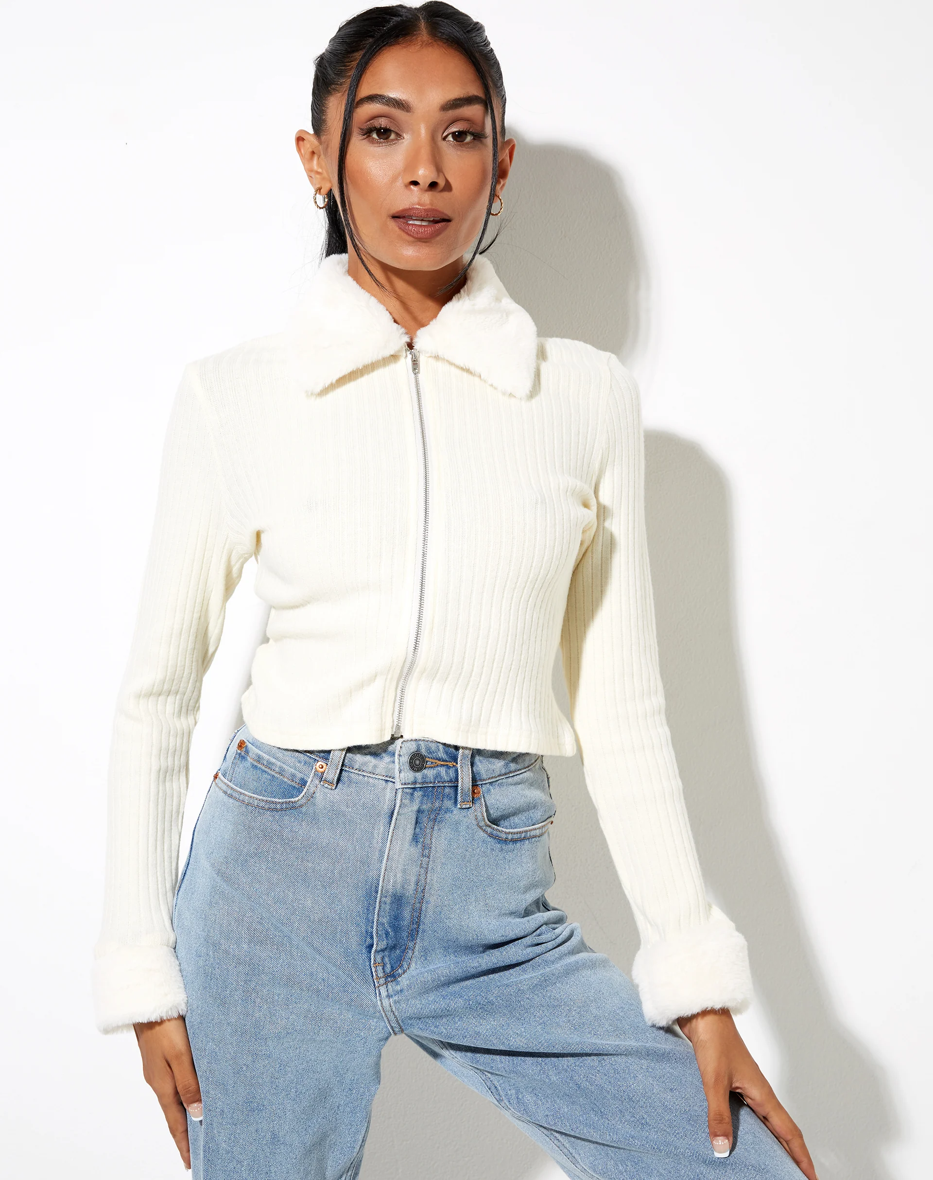 Loria Fur Cardigan in Ivory - Image 4