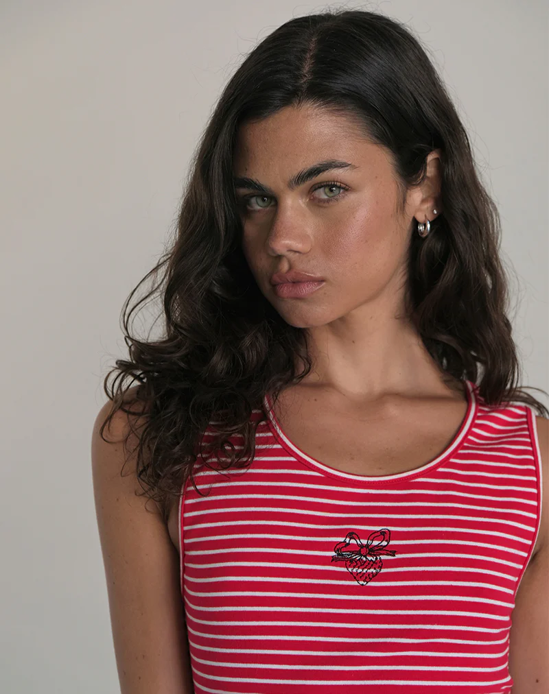 Lorica Tank Top in Red and White Stripe with Strawberry Emb - Image 2