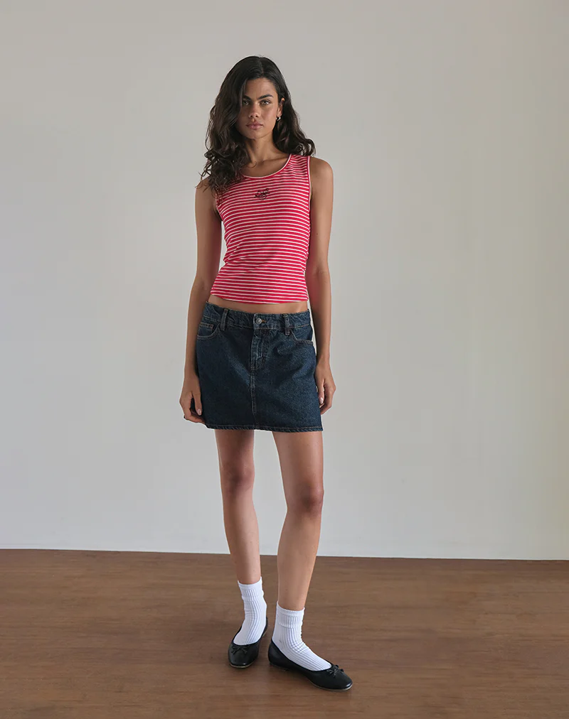 Lorica Tank Top in Red and White Stripe with Strawberry Emb - Image 4