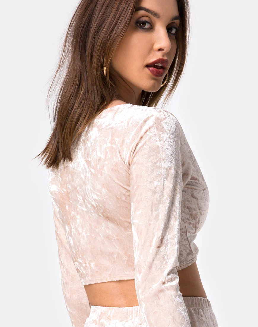 Lorya Crop Top in Cream Crushed Velvet - Image 2