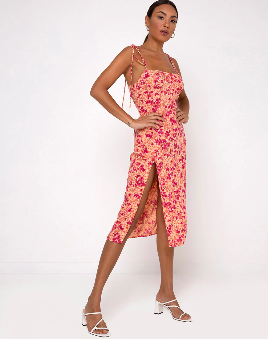 Lotie Midi Dress in Dark Wild Flower Cantaloupe - Image 4