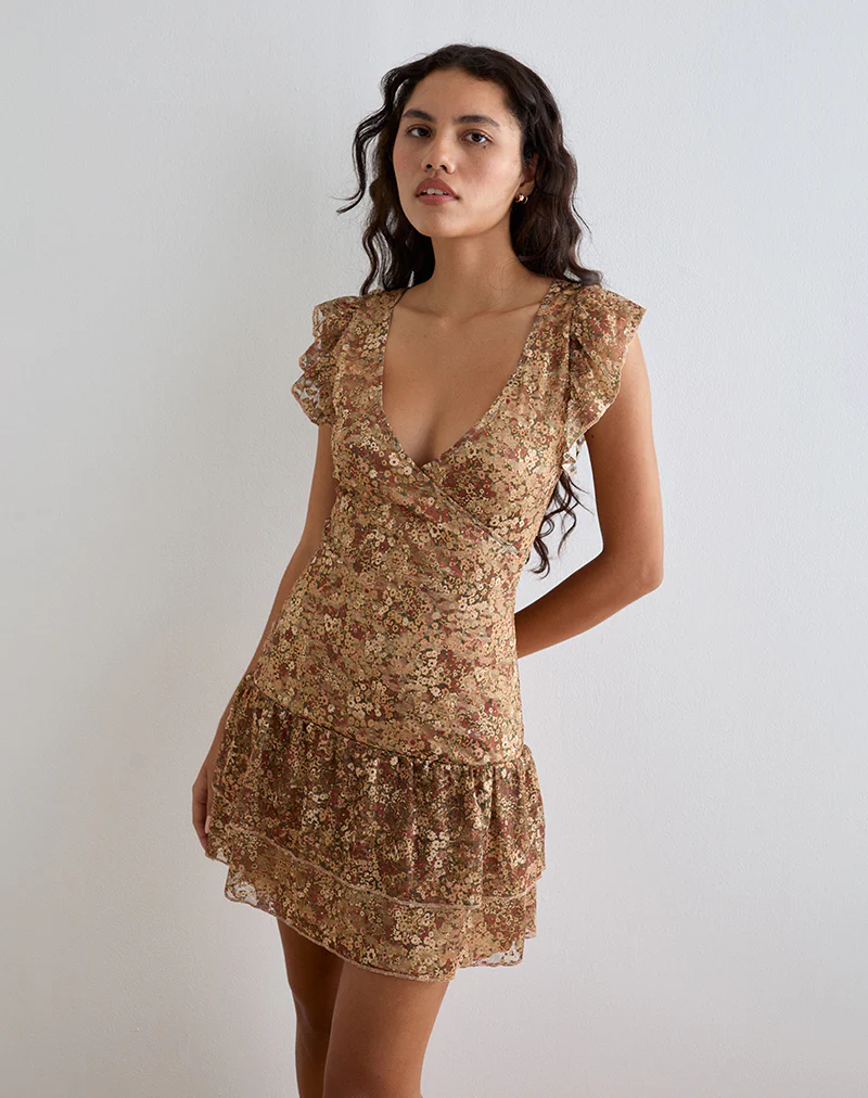 Lotri Wrap Mini Dress in Cluster Floral Brown - Image 2
