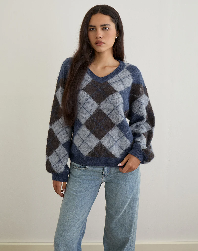 Louna Jumper in Knit Argyle Check Navy - Image 3