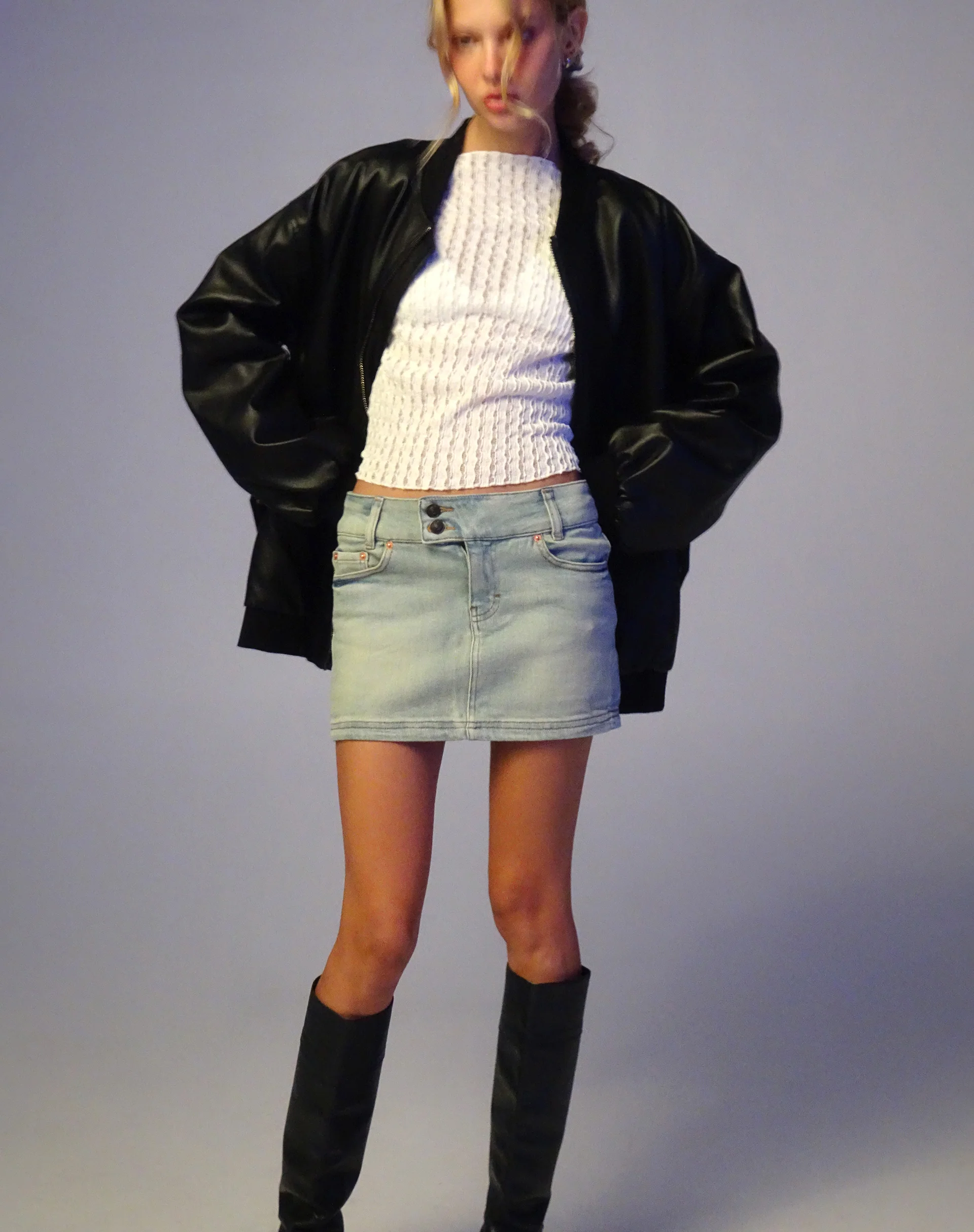 Low Rise Denim Mini Skirt in Super Bleach - Image 3