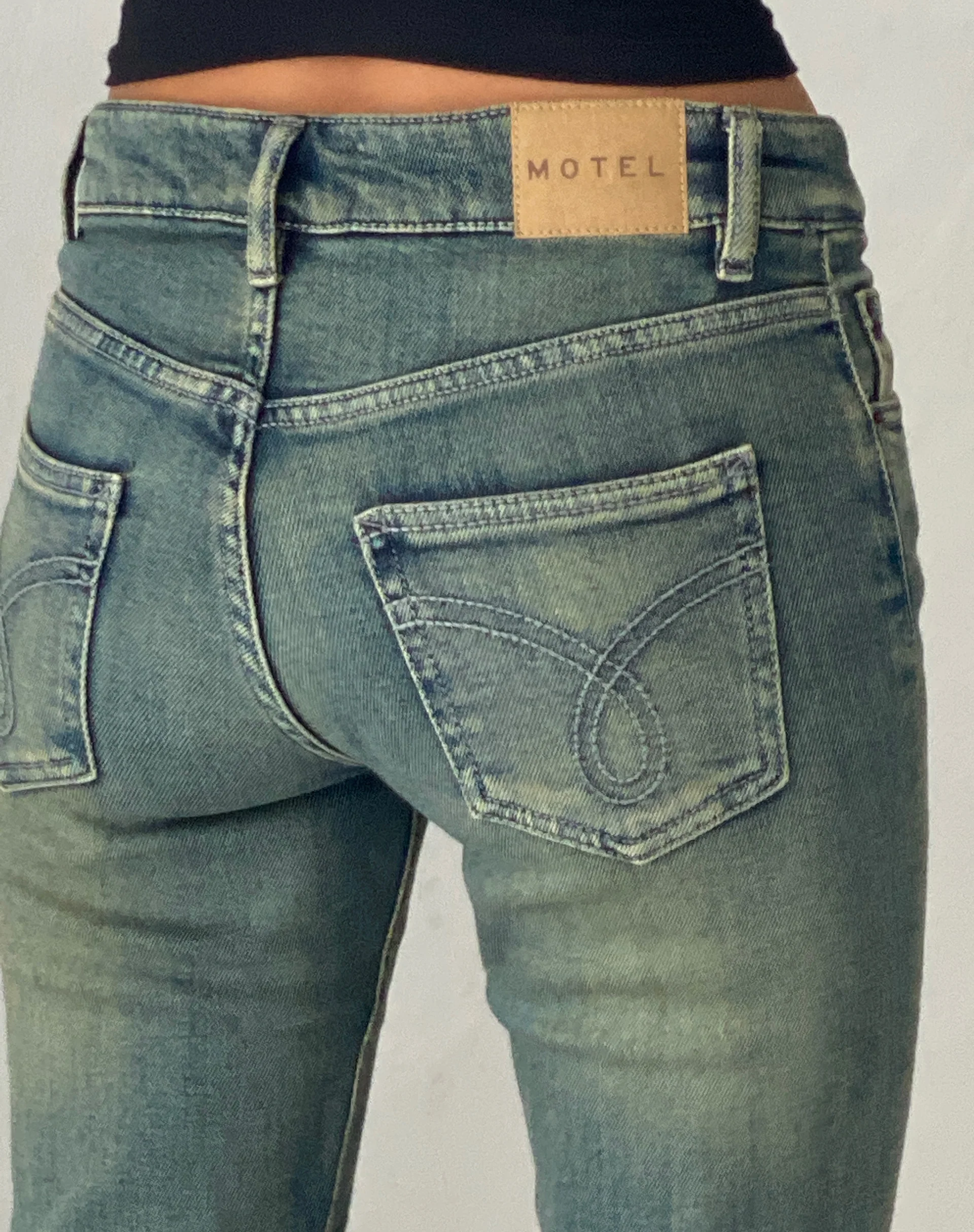 Low Rise Flared Jeans in Green Wash - Image 4