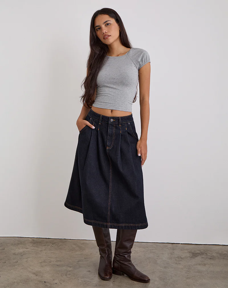 Pleated Midi Denim Skirt in Indigo - Image 3