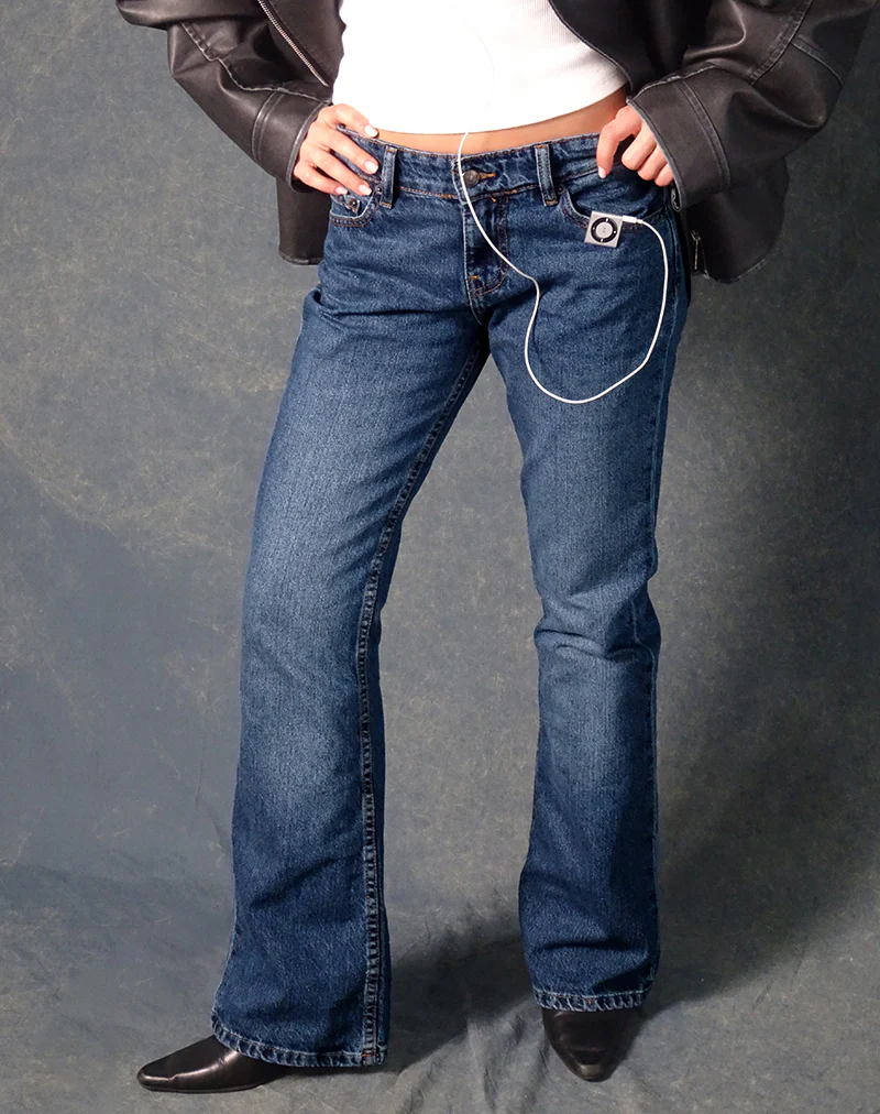 Rigid Low Rise Flare Jeans In Mid Blue Used - Image 4