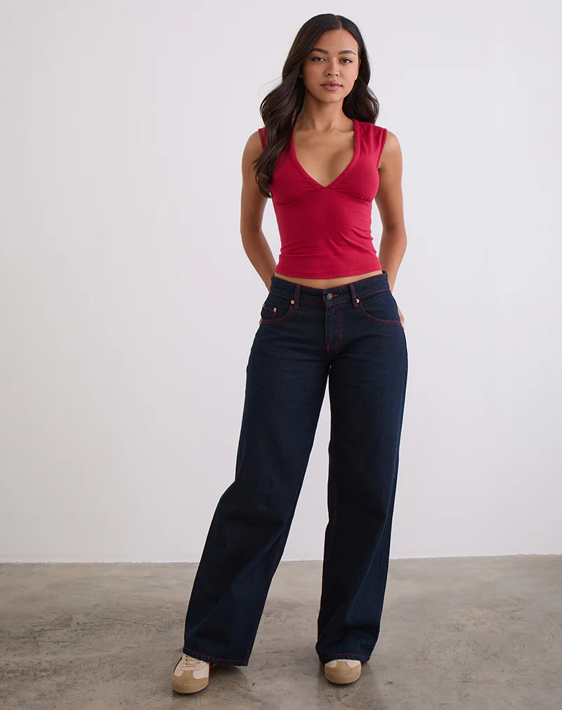Low Rise Roomy Jeans in Indigo with Red Stitch - Image 3