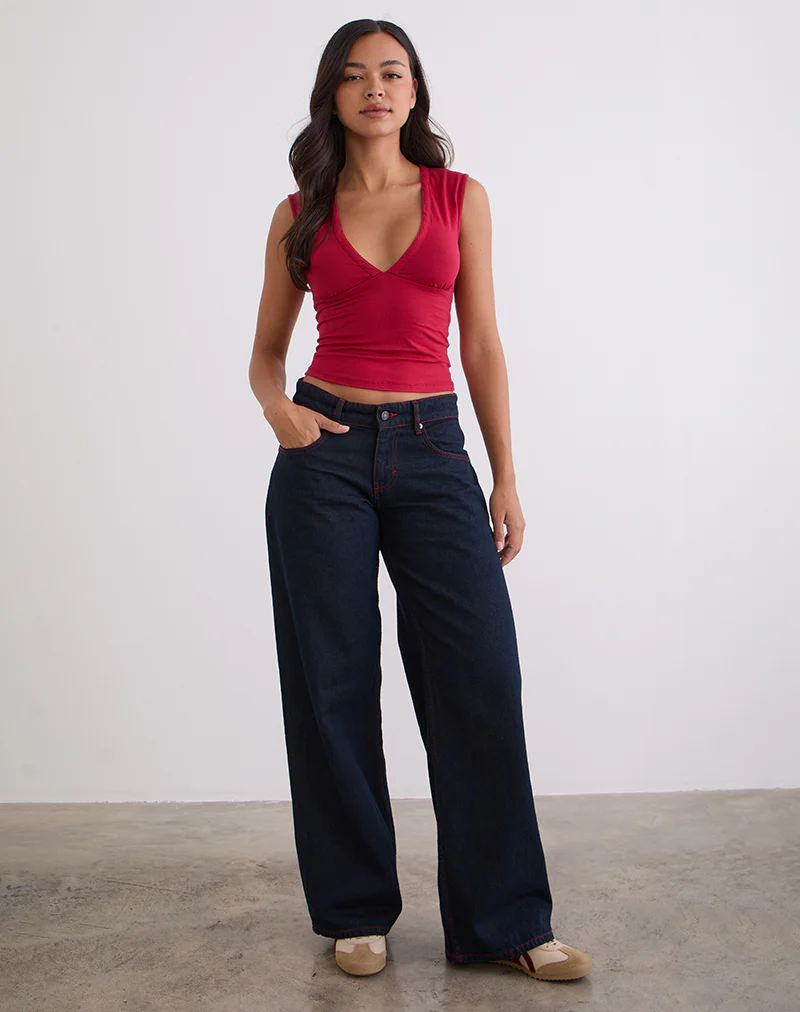 Low Rise Roomy Jeans in Indigo with Red Stitch - Image 5