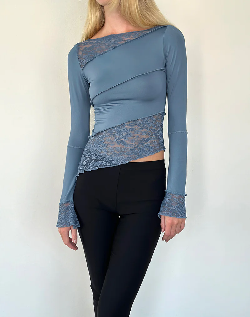 Lucca Long Sleeve Top In Lace Steel Blue - Image 2