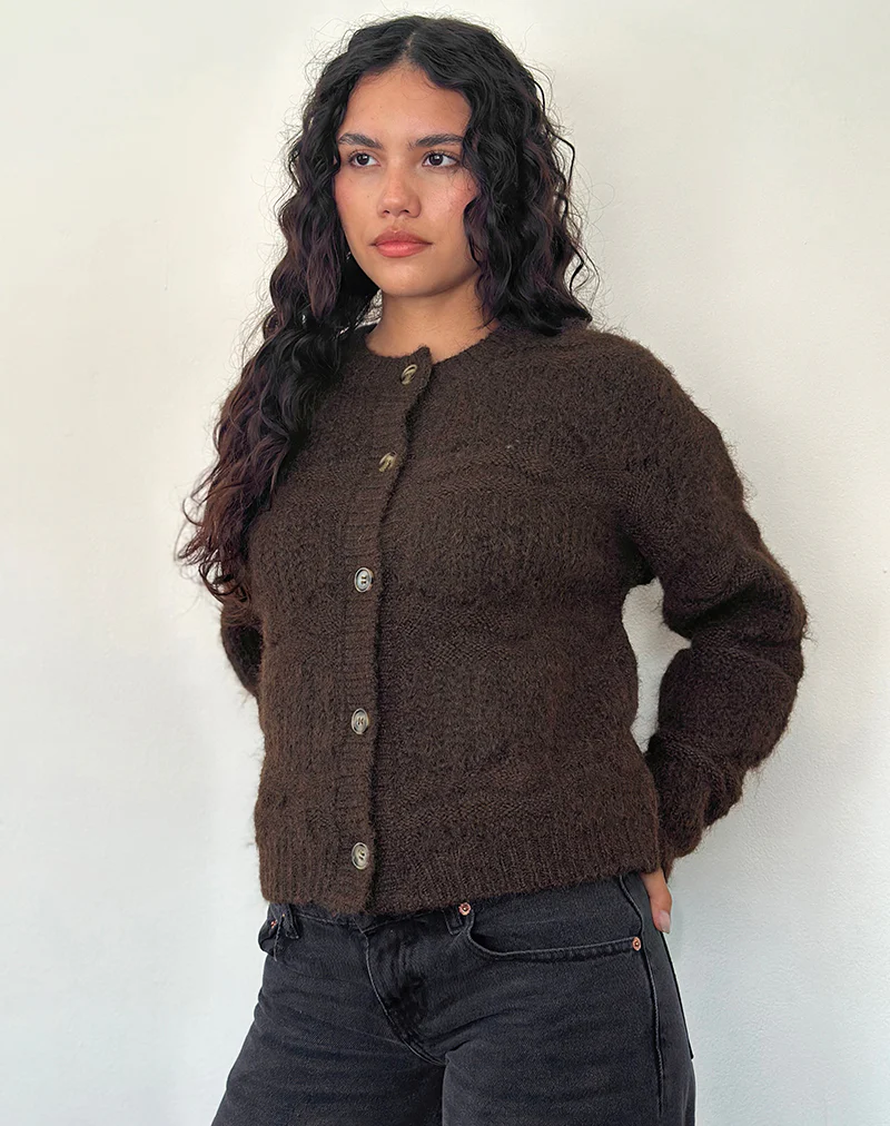 Luciana Textured Knit Cardi in Dark Brown - Image 3