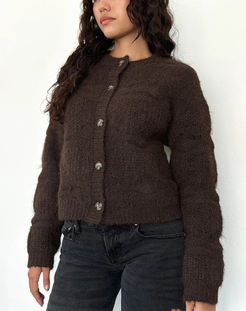 Luciana Textured Knit Cardi in Dark Brown - Image 4