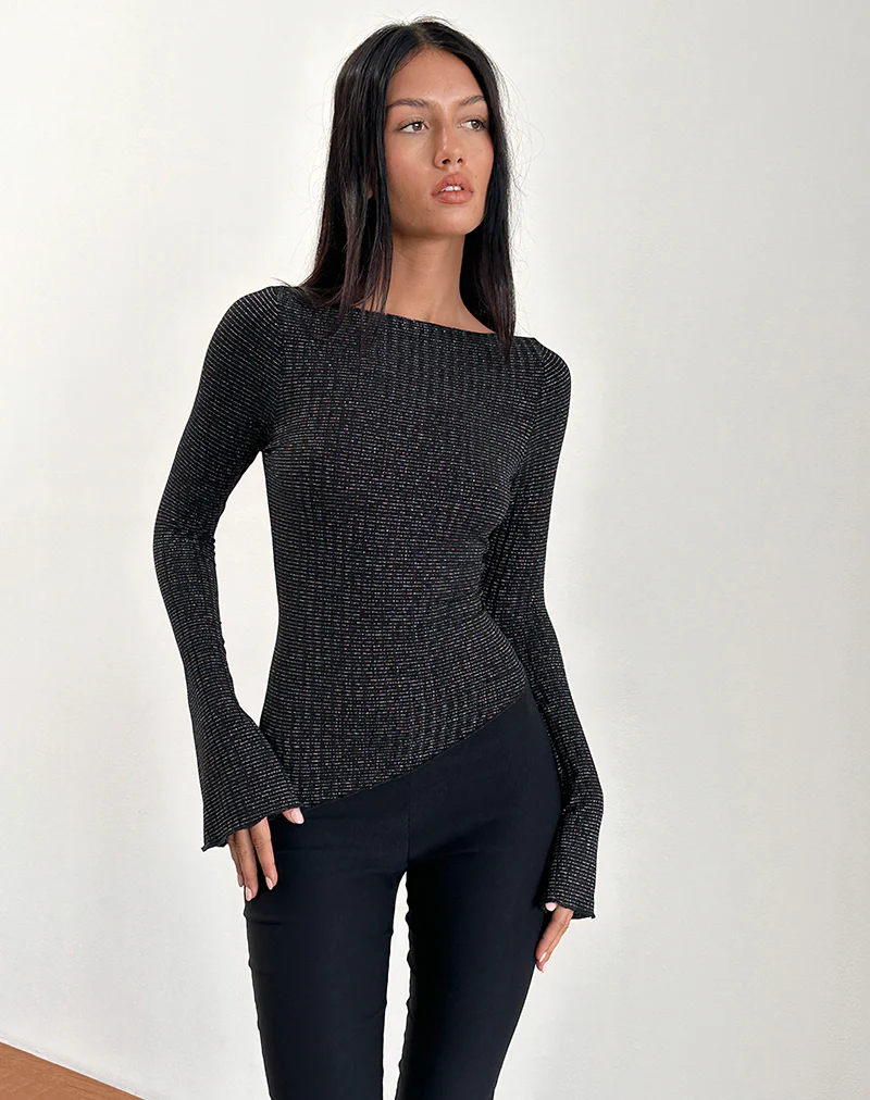 Lukia Long Sleeve Top in Metallic Stripe Jersey Black - Image 2