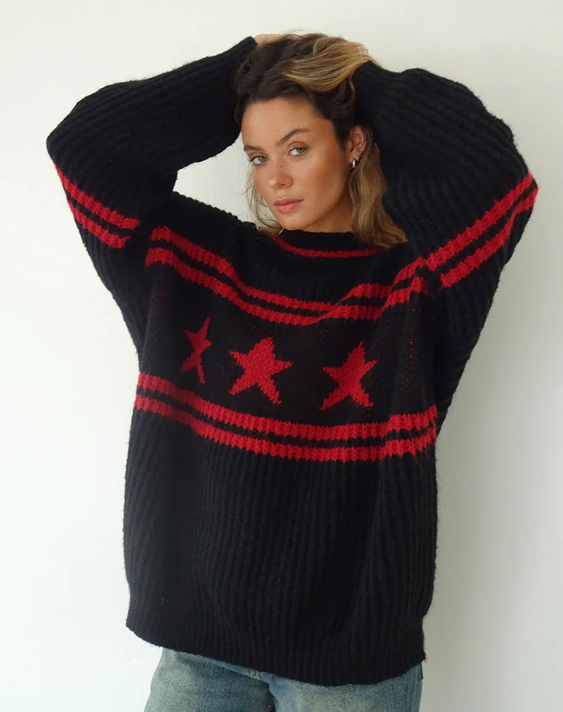 Lulees Oversized Jumper in Black with Red Star and Stripes - Image 3